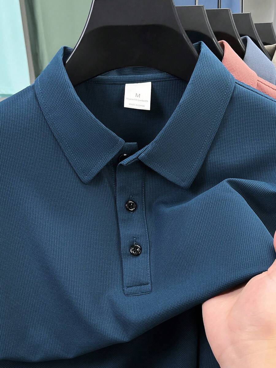Men's Solid Color Wide Placket Waffle Pineapple Pattern Short Sleeve Polo Shirt, Casual Lightweight Business Formal Attire - Blue - View 1