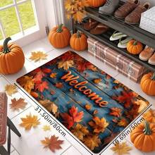 1 pieza Felpudo navideño de hojas de otoño con estampado de grano de madera azul y arce, suave, antideslizante y absorbente, lavable, para decoración del hogar festiva y acogedora, rectangular de pelo corto para sala de estar, dormitorio, cocina, lavandería, baño