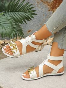 1 双女士纯色露趾罗马风格时尚凉鞋，采用柔软灵活的一体式材料制成，配有踝带扣和金链装饰，打破单调，舒适行走 - 白色 - 查看 5