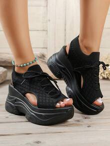 Casual Simple Knit Hollow Out Lace-Up Platform Wedge Running Sports Sandals For Women,Rubber Women Casual Shoes,2025 New Sports Sandals - 黑色 - 查看 2