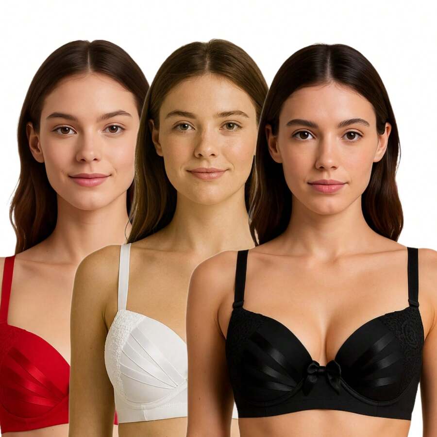 Kit 3 Sutiãs Bojo Rendado Lingerie Sensual Feminina Adulto - Multicolorido - Visão 1