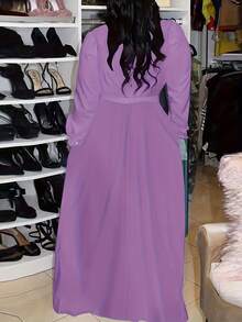 Large Size Solid Color Button Lapel Shift Dress - Màu tím - Xem 2