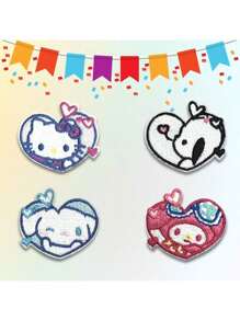 Sanrio 9pcs Sanrio Heart-Shaped Applique Patch Set, Featuring Hello Kitty And Friends Embroidery Iron-On For Jackets, Jeans, Dresses, Backpacks, And Hats - Anime Themed Decorative Patches
