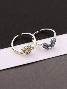 1 Pair Fashionable Rhinestone Star & Moon Design Stackable Copper Rings, Suitable For Women Casual, Dating, Valentine's Day, Wedding, Birthday Gifts - Sun and Moon Ring - View 6