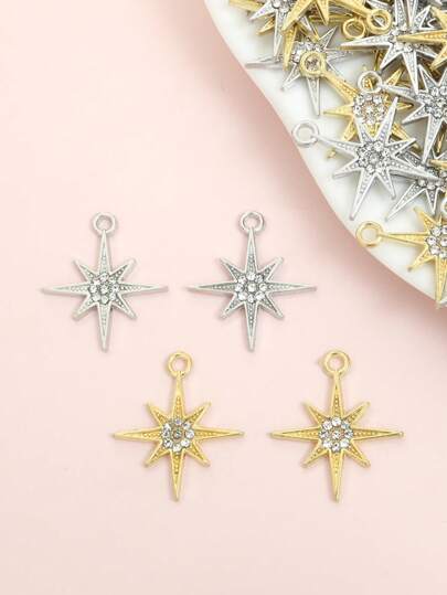 10 piezas Diseño sencillo de estrella de ocho puntas con incrustaciones de diamantes de imitación, encantos versátiles de moda bricolaje adecuados para uso diario, forma clásica de estrella colgantes de aleación - perfectos para collar de gargantilla hecho a mano, pendientes y cualquier otra artesanía creativa