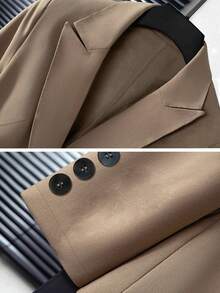 Women's Casual Business Commute Mandarin Collar Single-Breasted Slim Fit Long Sleeve Blazer And Straight Pants Set, Autumn/Winter