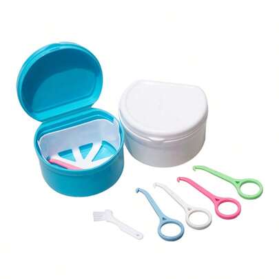 3pcs/Set Denture Cleaning Case With Toothbrush, Hook Storage Box, Lid Design Suitable For Travel, Oral Care Set