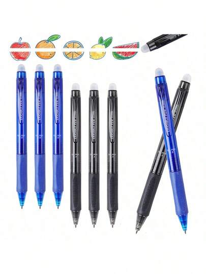 Conjunto de caneta esferográfica profissional apagável de grande capacidade, 1 peça, 0,5 mm - 2 canetas apagáveis pretas e azuis + 10 cartuchos de recarga + 1 borracha - Caneta mágica apagável lavável, adequada para escritório, papelaria, volta às aulas