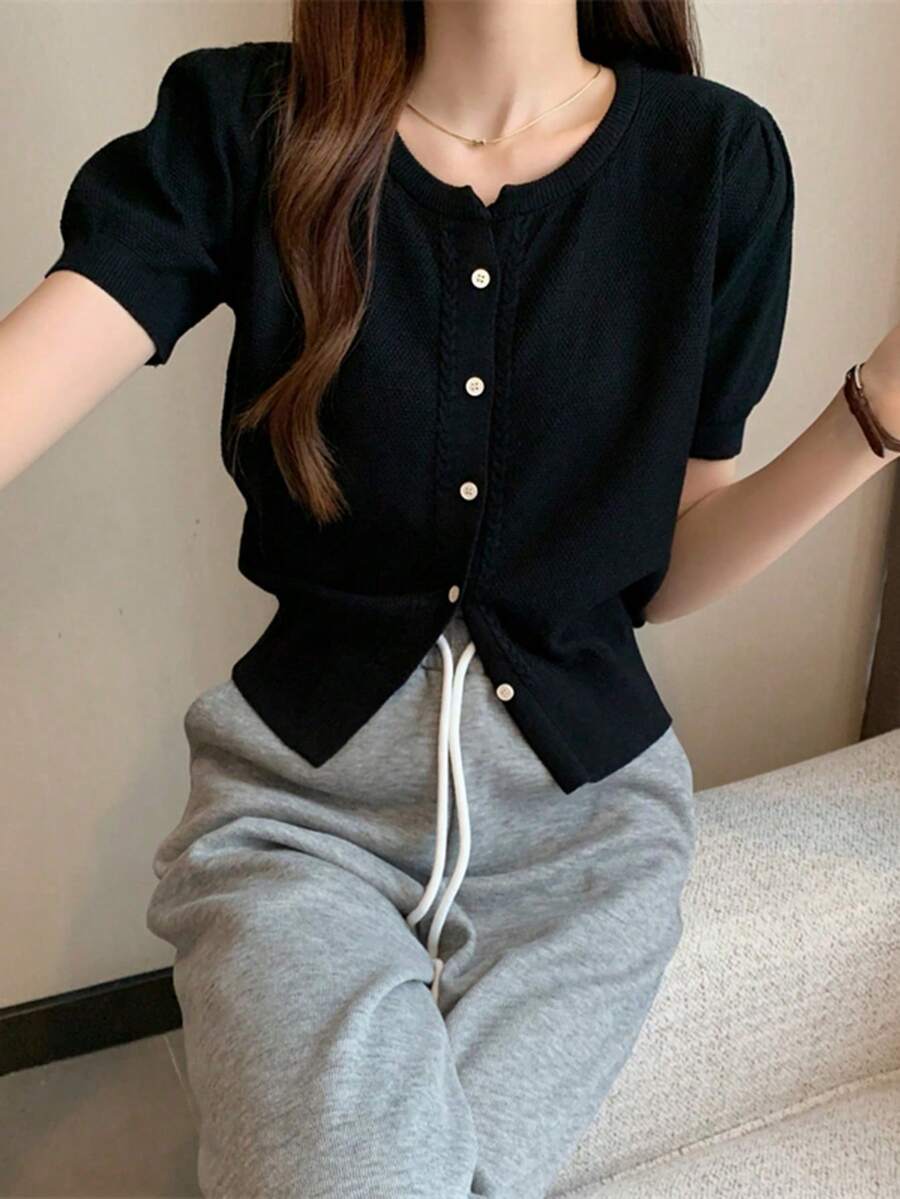 女士纯色前开襟短袖开衫，夏季黑色