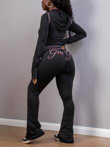 女士休闲印花“女孩”拉链连帽衫和裤子套装，街头风运动长袖两件套，适合派对和聚会穿着，秋季黑色春季 - 黑色 - 查看 6