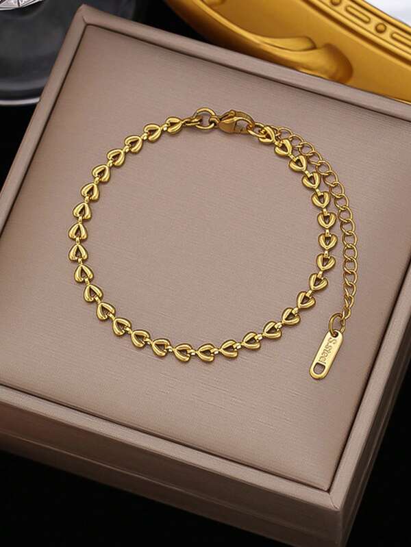 1 pieza Pulsera casual de acero inoxidable chapada en oro de 18K con corazón hueco de alta protección, nueva 2025, adecuada para uso diario de mujeres, accesorio de joyería impermeable, regalo (sin caja de regalo), EE. UU.