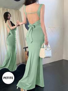 abyoxi 小码豌豆绿色性感垂坠领露背系带腰部褶饰修身简约鱼尾下摆连衣裙，适合日常休闲辣妹春夏新款女装