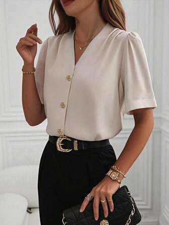 Women's V-Neck Blouse, Elegant And Versatile Shirt For Work, Casual, Vacation, Suitable For Summer, Autumn, Winter