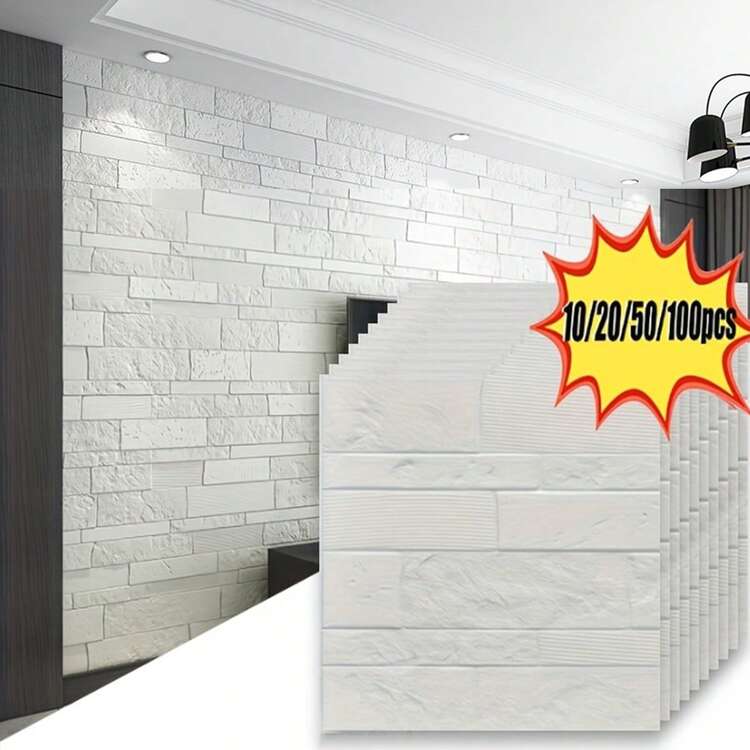 10/20/50/100pcs 13.78x13.78 Inch 3D Self-Adhesive Faux Brick Wallpaper Stickers, For Indoor Living Room, Bedroom, TV Background, Faux Brick Foam Wall Paper, Wall Renovation Stickers, Rental Dorm Decor - White - View 1