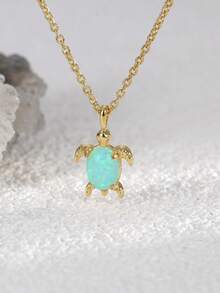 Charm-In 1 chiếc vòng cổ mặt dây chuyền rùa biển Opal xanh Úc mạ vàng 18K - vàng/đá xanh - Xem 4