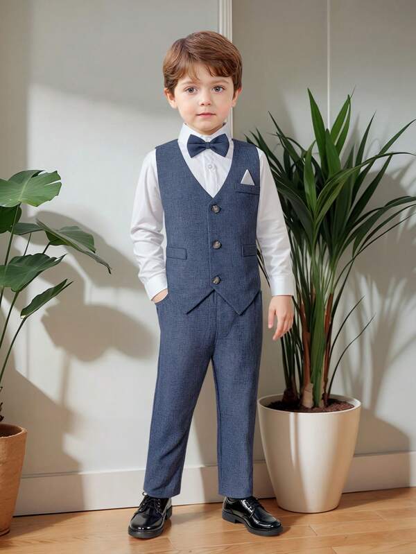 Conjunto de traje sastre nuevo para niños pequeños 2025, incluye 4 piezas: camisa blanca, chaleco liso, pajarita, pantalones. Conjunto formal para niños para actuaciones, bodas, fiestas.