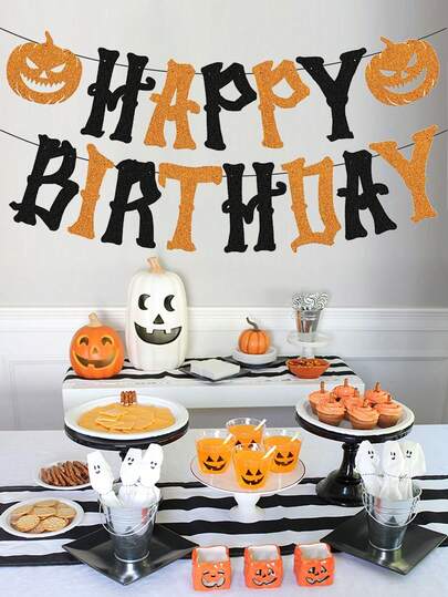 1 件万圣节生日派对装饰生日快乐横幅带南瓜蝙蝠墙饰套装适用于万圣节主题生日派对用品