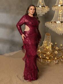 Robe de soirée de luxe pour femmes Curve Plus : Col rond, design à manches longues avec fente élégante dans le dos, jupe sirène féminine et découpe attrayante à la taille - parfaite pour les événements en tenue de soirée, les grands galas, les réceptions de mariage Top de gamme, les bals d'anniversaire de luxe et les prestigieuses collectes de fonds de bienfaisance