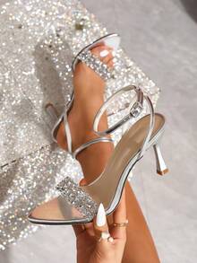 时尚银色带尖头水晶装饰高跟凉鞋