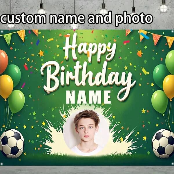 قطعة واحدة لافتة عيد ميلاد أمير كرة القدم الشخصية، ملصق صور وأسماء مخصص، ديكورات حفلة ذات موضوع رياضي للمدخل والغرفة والحديقة وطاولة الكيك، متوفر بأحجام متعددة