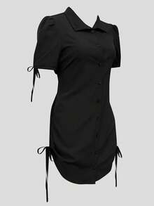 Elegant Black Short Sleeve Shirt With Button And Elastic Waist - Suitable For Casual And Formal Occasions, Casual Wear | Refined Style | Short Sleeve Shirt Summer - Black - View 5