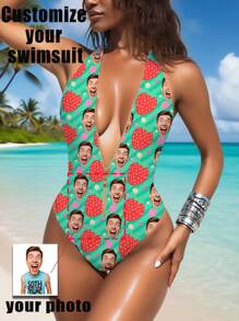 1pc Customized Women's Swimsuit, Face Customized, Personalized, Women's Zipper Strap Backless Swimsuit, Women's High Waist Sleeveless Sexy Swimsuit, Girly, Suitable For Pool, Beach, Holiday