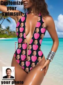 1 pieza Traje de baño personalizado para mujer, con diseño facial personalizado, con cremallera y espalda descubierta, de cintura alta y sin mangas, sexy y femenino, adecuado para piscina, playa y vacaciones, traje de baño para niñas