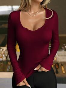 Vaiaye Women's Solid Color V-Neck Long Sleeve Fitted T-Shirt, Activewear Workout Top - Burgundy - View 1