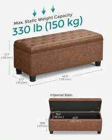 Storage Ottoman, Storage Bench, Tufted Entryway Bedroom Bench, 17.7 X 46.5 X 17.7 Inches, Hinges Easy Lid Operation, Wooden Legs, Synthetic Leather, Loads 330 Lb, Coffee Brown ULOM071K01,8059557 - 亮橙色 - 查看 2