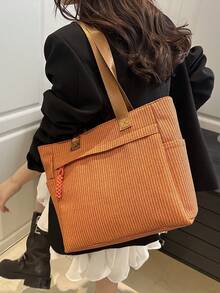 时尚纯色新款拉链大容量单肩包，百搭休闲简约单肩托特包，适合逛街、钱包、购物、年轻女性、大学生、新人、白领。非常适合办公室、大学、工作、商务、通勤、户外活动、旅行和郊游 - 棕色 - 查看 5