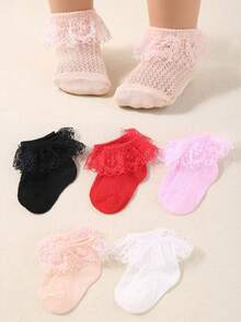10/5/1 双蕾丝装饰透气短袜，适合女婴日常穿着。公主袜，适合 0-3 岁宝宝，舒适透气，夏季穿着，完美搭配连衣裙。芭蕾舞袜 - 彩色 - 查看 4