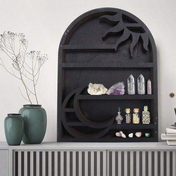 Wooden Household Entrance Wall Shelf, Stylish & Practical. New Moon-Shaped Sun & Moon Crystal Display Rack, Crystal Display Wall Shelf, Decorative Items, Incense Holder, Small Storage Rack, Creative Decorative Hanging Wall Decor, New Home Housewarming Gift For Her