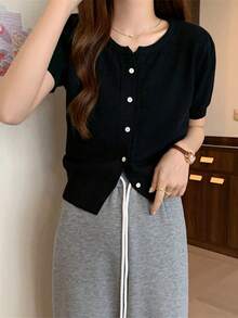 女士纯色前开襟短袖开衫，夏季黑色 - 黑色 - 查看 6
