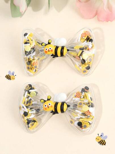 2PCS Girls Bee Bow Hair Clips, Kids Cute Flower Bow Hairpins, Fashion Yellow Hair Bows, For Daily Party Holiday, Hair Accessories