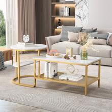 2er-Set Couchtische mit Stauraum – Moderne runde und rechteckige Marmoroptik – Metallrahmen – Beistelltische für Wohnzimmer/Balkon – Gold