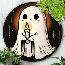 1 件 7.87x7.87 英寸鬼魂金属标志 - 可爱又怪诞的万圣节墙壁艺术，带蜡烛设计，适合鬼屋、农舍或季节性装饰，鬼屋装饰 | 异想天开的设计 | 圆形墙壁艺术，万圣节装饰，随机孔