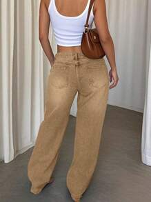 Popular European & American Casual Khaki Women Low Waist Loose Straight Leg Jeans - Brown - View 2