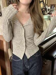 Camiseta casual de manga larga de un solo pecho con pliegues de unicolor, primavera - Albaricoque - Ver 4