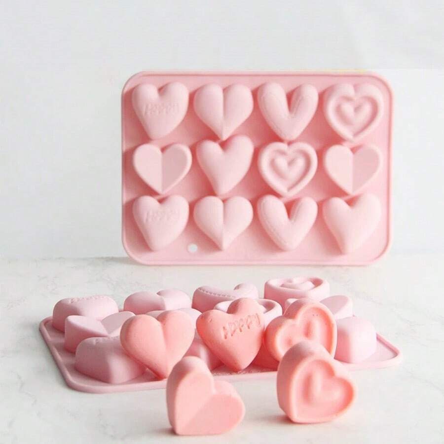 12 件不对称心形硅胶模具，适用于树脂、蜡烛、肥皂、蜡熔体和 DIY 工艺品，易于脱模可重复使用 - 彩色 - 查看 1