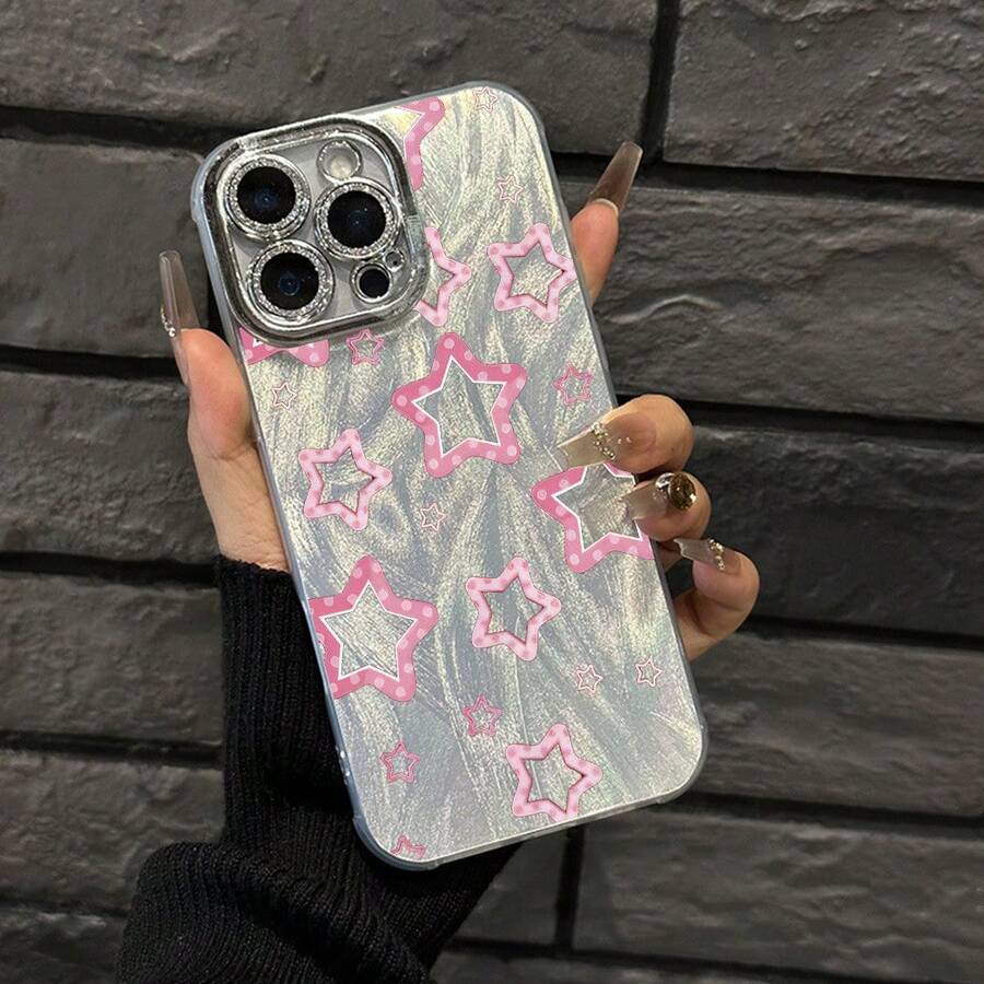 Funda para teléfono 1 pieza, color rosa lindo, punteado, estampado, fino, con agujeros, hilo emplumado IMD, a la moda y para teléfono, 16/15/14/13/12/11 Pro Promax Plus/X/Xsmax, funda para teléfono S, son hombres y - Plateado - Ver 1