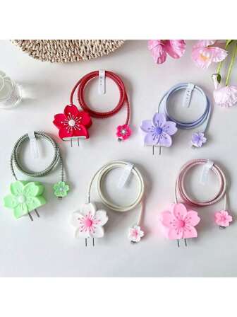 Set de 4 protectores de cable de carga con diseño de flores para cargador de iPhone 18/20w, accesorios protectores y enrolladores para iPhone 14 15
