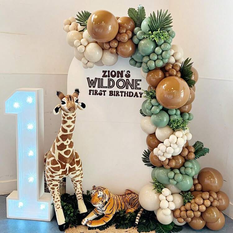 Kit de arco de globos de la jungla de 118 piezas, para decoración de fiesta de primer cumpleaños 'Wild One', fiesta de duchas de bebé, revelación de sexo, boda, cumpleaños, suministros para fiesta en habitación, globos verdes y marrones con estampado de animales y hojas de palma - Aguacate verde - Añade 6