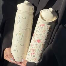 HILAKE 1 个 800 毫升花卉保温水瓶，带手柄和吸管 - 非常适合办公室补水、户外探险、简约旅行水壶、徒步旅行和露营 - 送给家人和朋友的理想礼物，返校季 - 彩色 - 查看 6