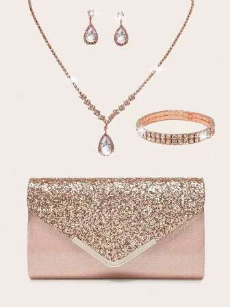 女士时尚闪亮水钻首饰 闪亮奢华水钻首饰套装 闪亮项链耳环手链套装 银色闪亮亮片 V 型金属翻盖信封包 时尚宴会包手提包钱包手提包优雅手提包宴会包手提包女士舞会手提包女士新娘宴会包舞会手提包金属链条手提包婚礼派对手提包酒会婚礼新款钱包宴会包