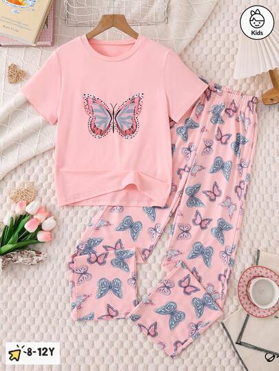 This Fashionable And Lightweight Casual Home Wear Set Is Suitable For Girls To Wear In Spring And Autumn, Including An Elegant And Sweet Butterfly Print Short Sleeve Top And A Pair Of Pants Decorated With Butterfly Patterns. Suitable For Daily Home Wear.