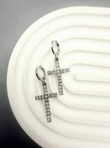 1 Pair Fashionable Unique Crystal Studded Cross Drop Earrings