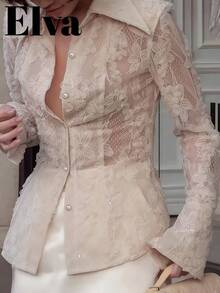 ELVA 白色蕾丝刺绣纽扣镂空复古优雅长袖衬衫，适合日常、度假、约会、婚礼、生日派对等场合。女士衬衫，适合情人节、新年等春季穿着。 - 白色 - 查看 4