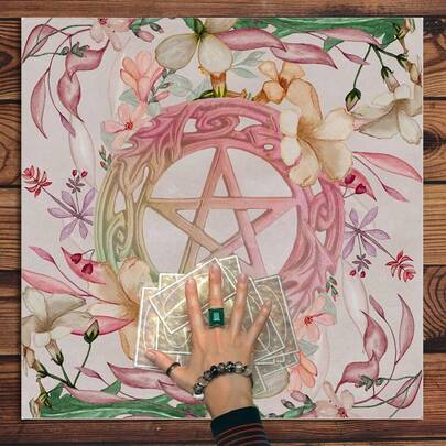 1pc Pink Flower Spiritual Energy Symbols Altar Cloth Five Star Tarot Witchcraft Astrology Black Oracle Mat Tarot Tablecloth Witch Playmat Cloth Home Decor