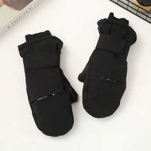 Winter Cold-Proof Mittens Skiing Mountaineering Windproof Fleece-Lined Thickened Solid Color Unisex Adult Wrist Guard - 黑色 - 查看 1