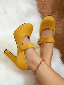 Ladies' Elegant Thick Heel High Heels, Elegant Solid Color Mary Jane Shoulder Strap Casual Shoes, Comfortable Office Shoes - 黃色 - 查看 2